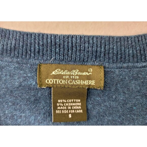 Eddie Bauer Mens V-Neck Sweater Small Blue Cotton Cashmere Blend - Picture 2 of 8